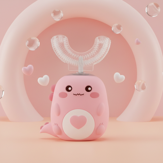 Pink cartoon-like dental toothbrush with a heart on a white background