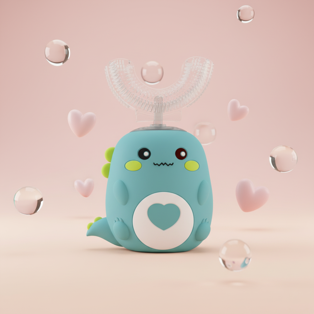 Teal toothbrush with cartoon face on a white background