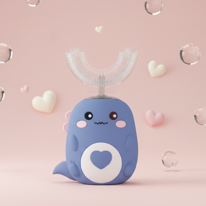 Blue whale-shaped toothbrush with a heart on a white background