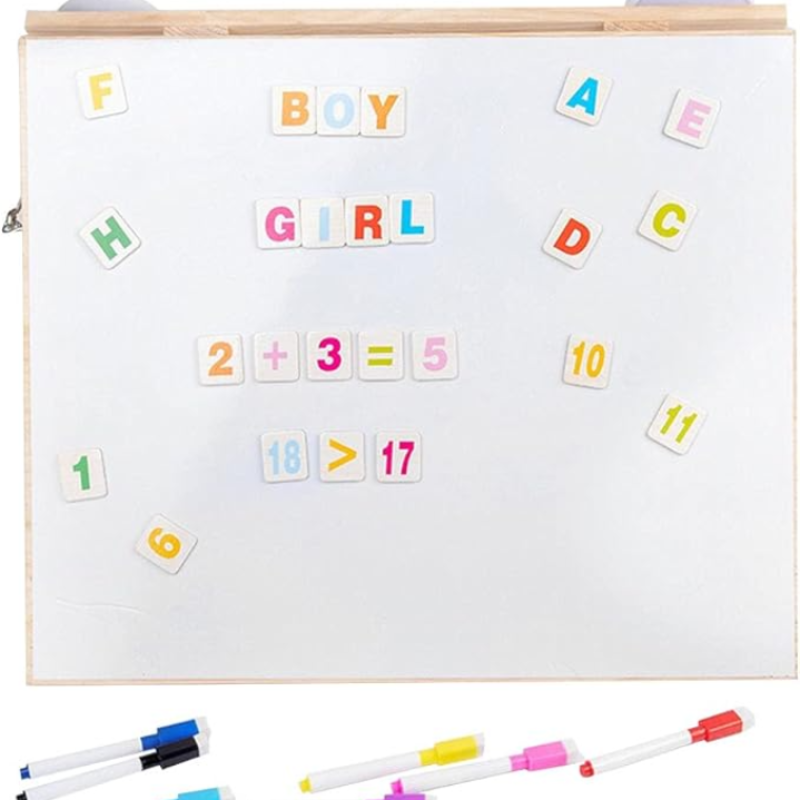 Whiteboard with magnetic letters and numbers, accompanied by markers, on a light wood frame.