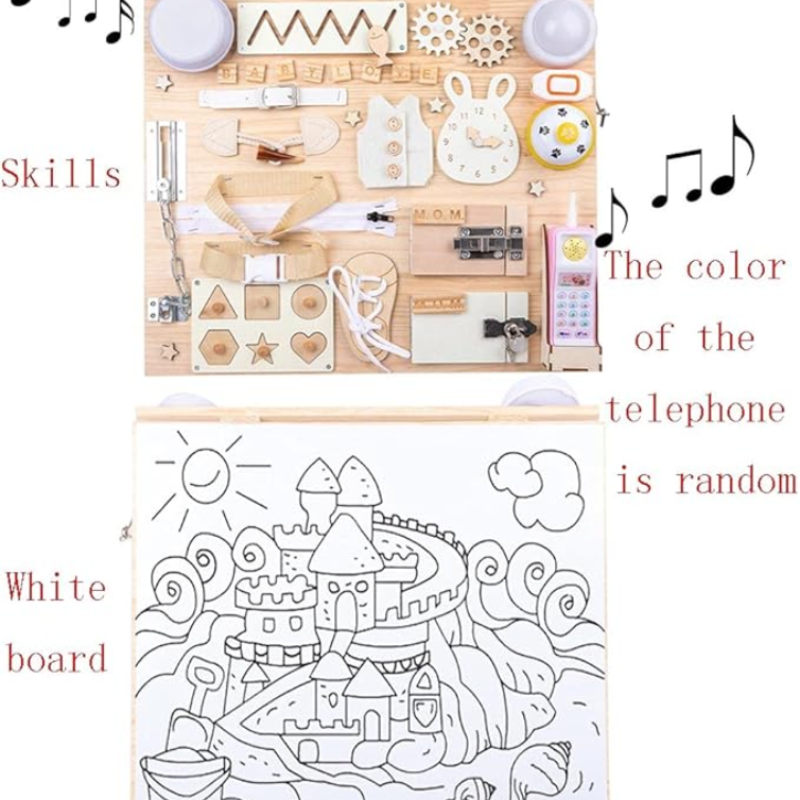 Wooden toy set with various items on a white background, including a coloring page of a sandcastle.