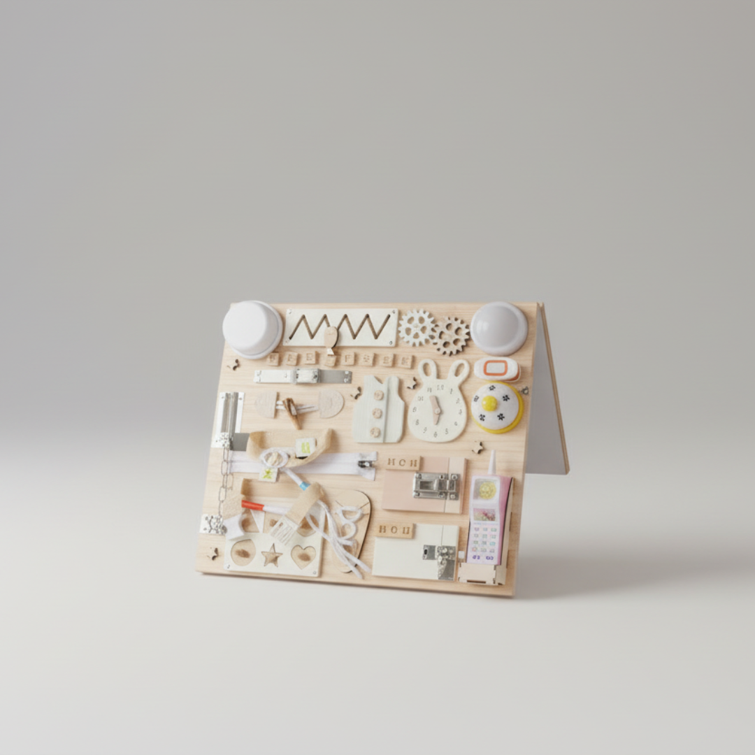 Wooden toy set with various pieces on a gray background