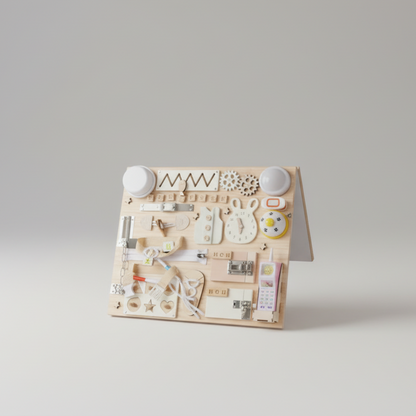 Wooden toy set with various pieces on a gray background