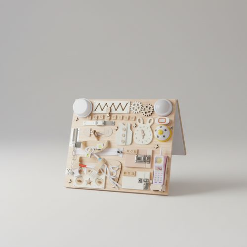 Wooden toy set with various pieces on a gray background