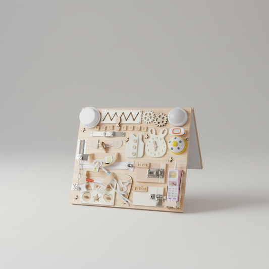 Wooden toy set with various pieces on a gray background