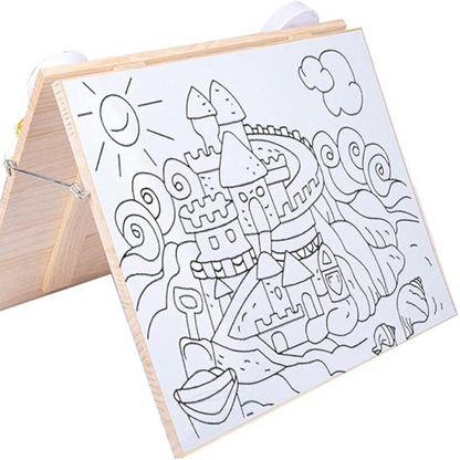 Coloring book with a castle design on a wooden stand against a white background
