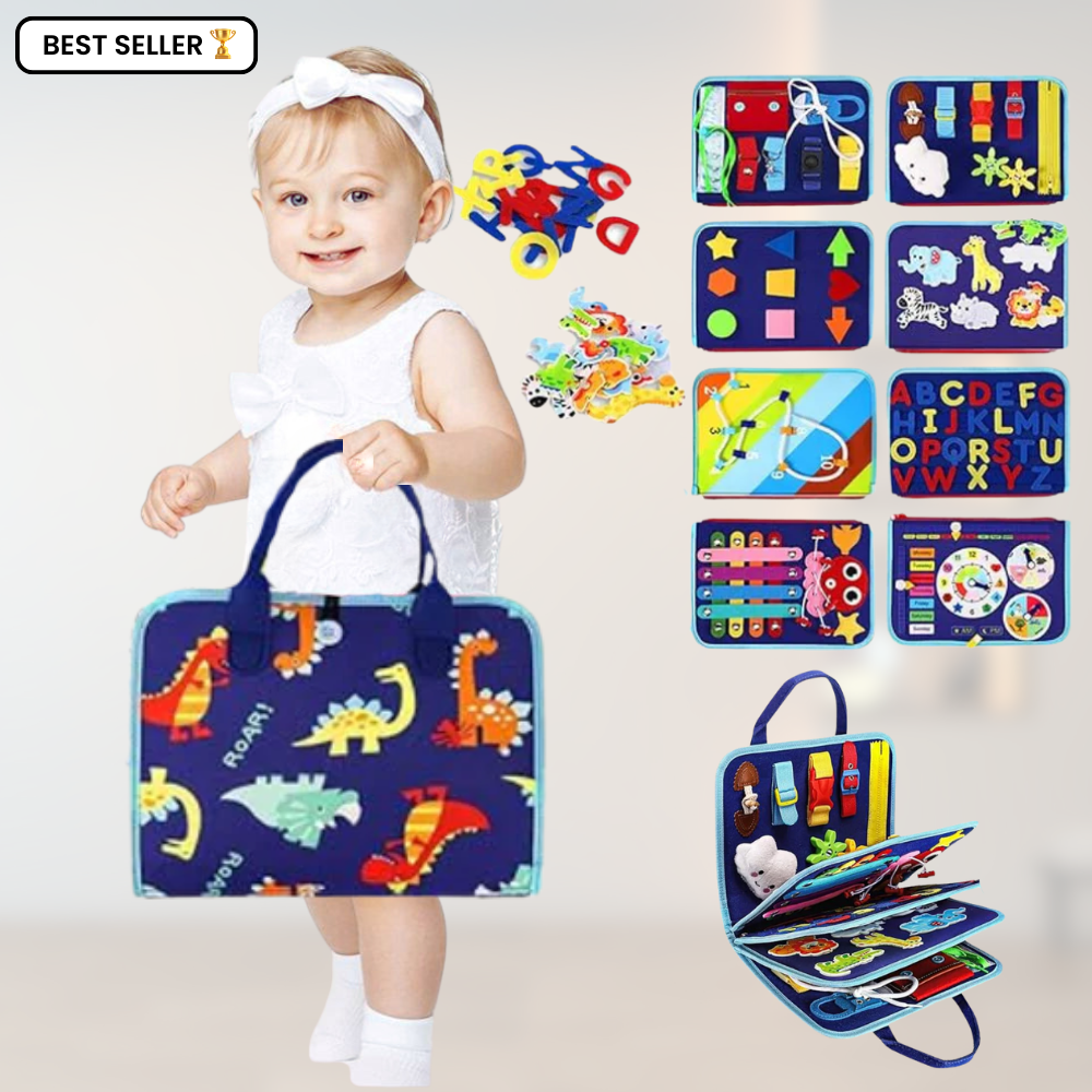 Child holding a colorful educational toy bag with various educational tools displayed.