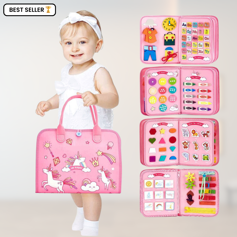 Child holding a pink educational toy set with multiple compartments on a white background