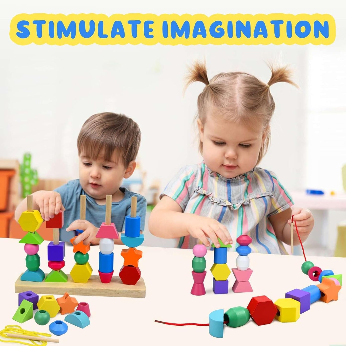 Two children playing with colorful wooden toys, with text 'STIMULATE IMAGINATION' at the top.