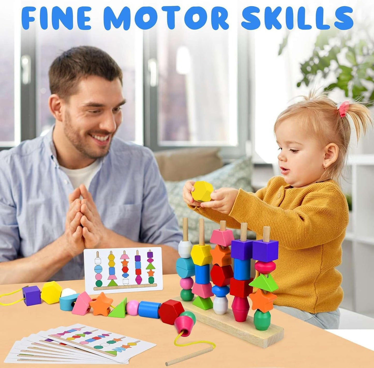Man and child playing with a colorful educational toy on a table.