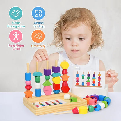 Child playing with a colorful educational toy, surrounded by icons indicating skills developed.
