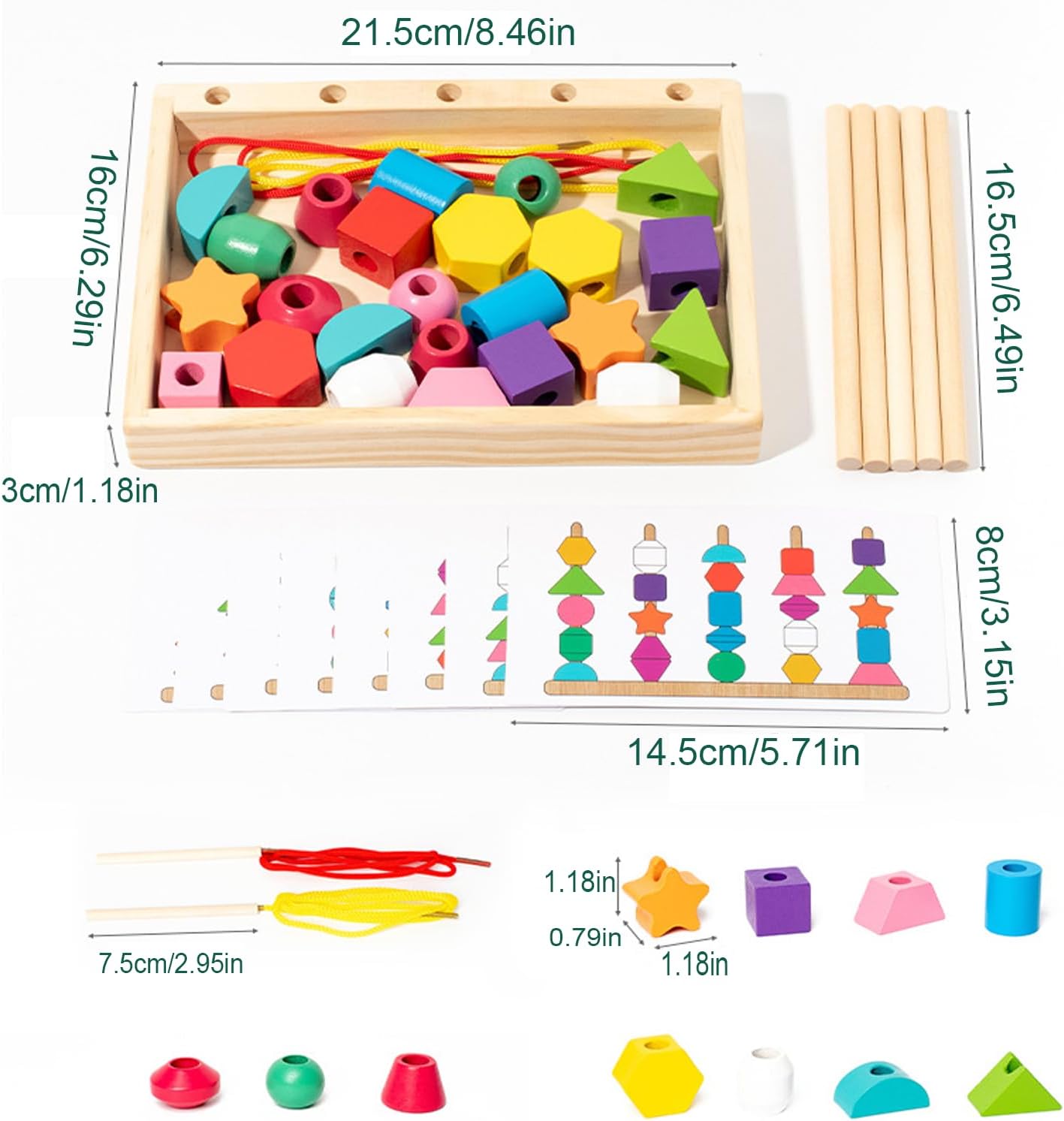 Wooden educational toy with colorful shapes and measurements