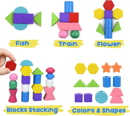 Colorful building blocks shaped like a fish, train, and flower with labeled parts.