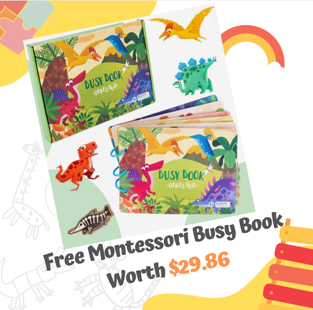 Children's Montessori busy book with dinosaur illustrations on a colorful background