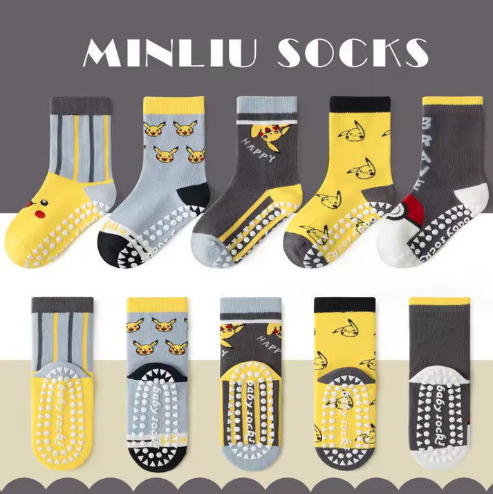Kids Non‑Slip Cartoon Socks (5 Pairs) Soft Cotton Grip Socks KIDZEE-FR