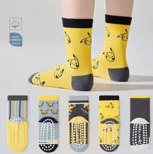 Kids Non‑Slip Cartoon Socks (5 Pairs) Soft Cotton Grip Socks KIDZEE-FR