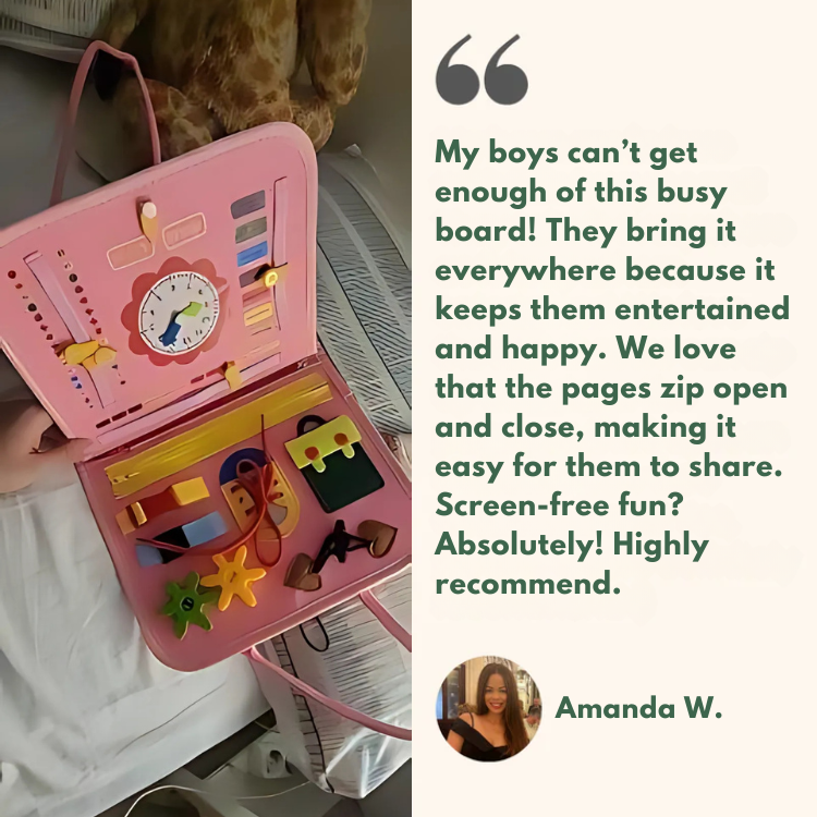 Pink busy board with various educational components and a review from Amanda W.