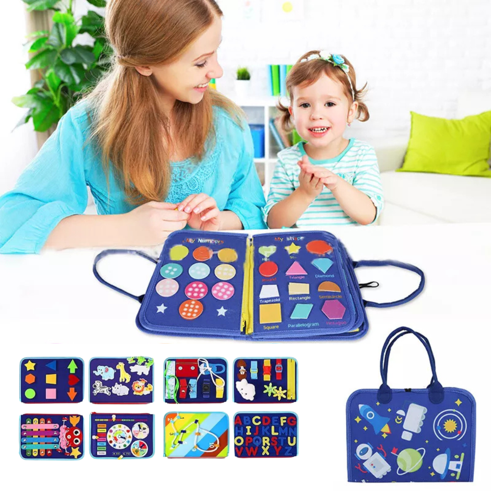 Woman and child with a colorful educational book and carrying case in a home setting