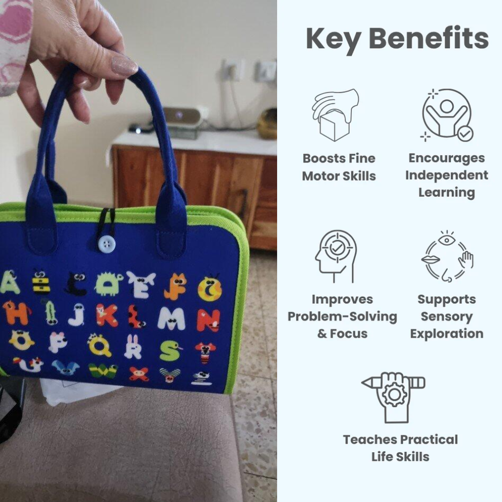 Colorful bag with letters held by a hand, next to key benefits text on a white background