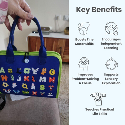 Colorful bag with letters held by a hand, next to key benefits text on a white background